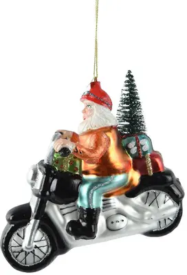 Decoris glazen kerst ornament kerstman op motor 12.5cm multi