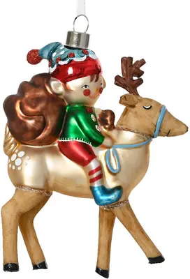 Decoris glazen kerst ornament rendier met elf 14cm multi