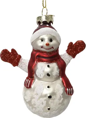 Decoris glazen kerst ornament sneeuwpop 10.5cm rood, wit 