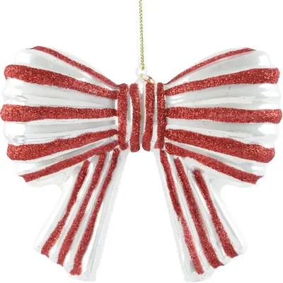 Decoris glazen kerst ornament strik 13cm wit, rood