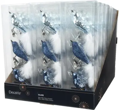 Decoris glazen kerst ornament vogel 3.5cm blauw 3 stuks - afbeelding 2