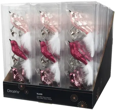 Decoris glazen kerst ornament vogel 3.5cm roze 3 stuks - afbeelding 2