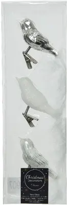 Decoris glazen kerst ornament vogel 3.5cm wit, zilver 3 stuks