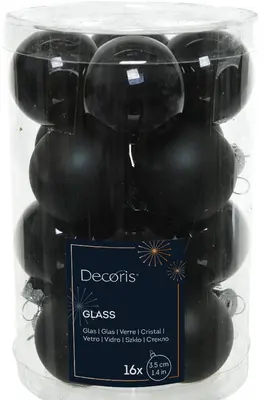 Decoris glazen kerstbal 3.5cm zwart 16 stuks