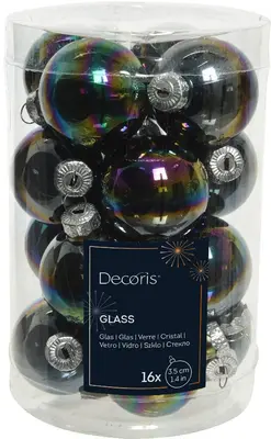 Decoris glazen kerstbal 3.5cm zwart iris 16 stuks