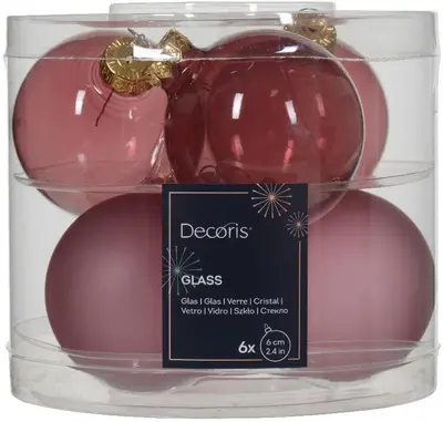 Decoris glazen kerstbal 6cm velours roze 6 stuks