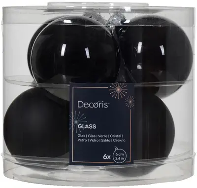 Decoris glazen kerstbal 6cm zwart 6 stuks