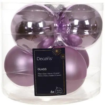 Decoris glazen kerstbal 8cm fris lila 6 stuks - afbeelding 1