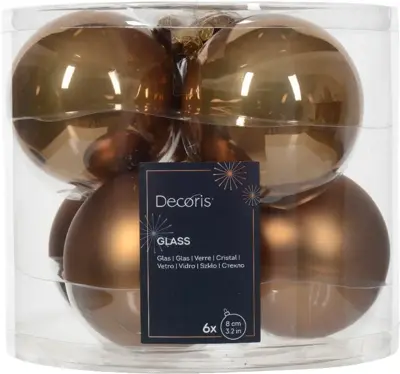 Decoris glazen kerstbal 8cm gember 6 stuks