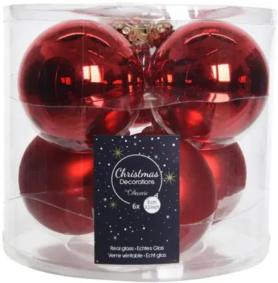 Decoris glazen kerstbal 8cm kerstrood 6 stuks - afbeelding 1