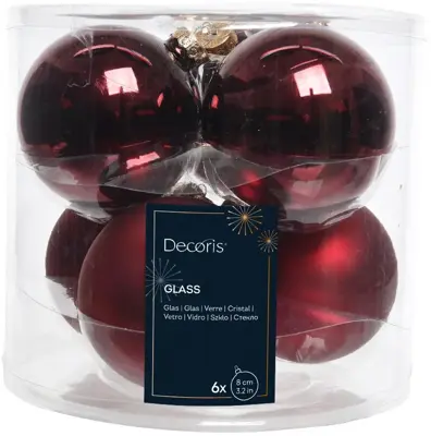 Decoris glazen kerstbal 8cm ossenbloed 6 stuks