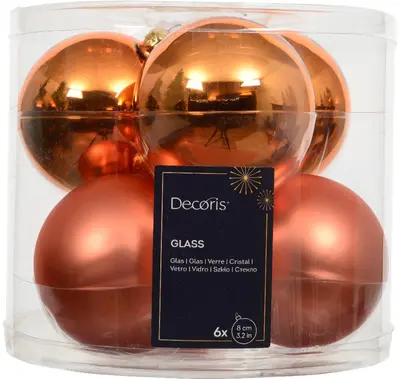 Decoris glazen kerstbal 8cm warm oranje 6 stuks - afbeelding 1