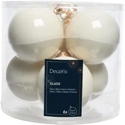 Decoris glazen kerstbal 8cm wolwit 6 stuks - afbeelding 1