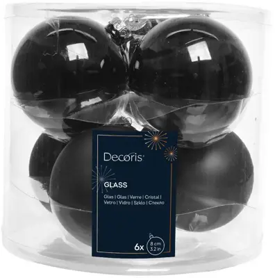 Decoris glazen kerstbal 8cm zwart 6 stuks - afbeelding 1