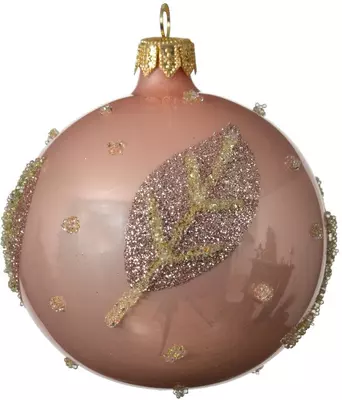 Decoris glazen kerstbal blad 8cm poederroze