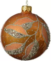Decoris glazen kerstbal bladeren 8cm amber