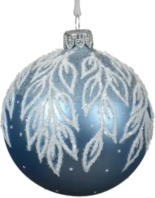 Decoris glazen kerstbal bladeren 8cm ijsblauw