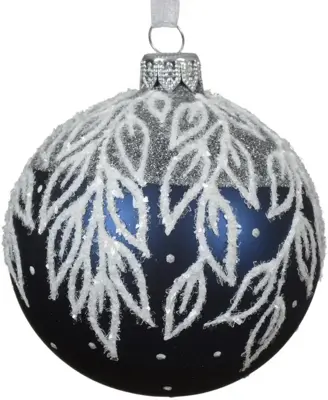 Decoris glazen kerstbal bladeren 8cm nachtblauw