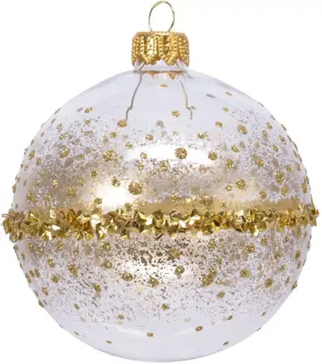 Decoris glazen kerstbal glitter rand 8cm transparant, goud