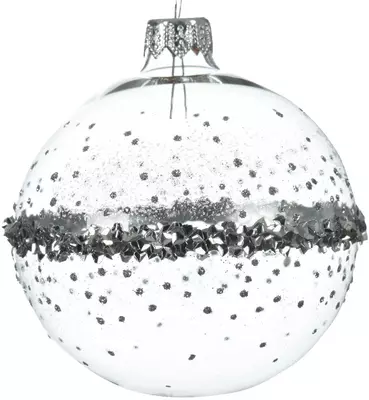 Decoris glazen kerstbal glitter rand 8cm transparant, zilver