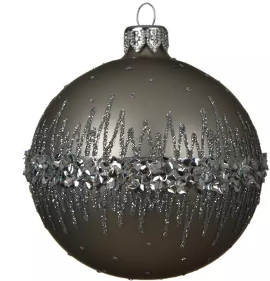 Decoris glazen kerstbal glitterrand 8cm misty grey