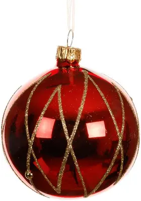 Decoris glazen kerstbal lijnen 8cm kerstrood