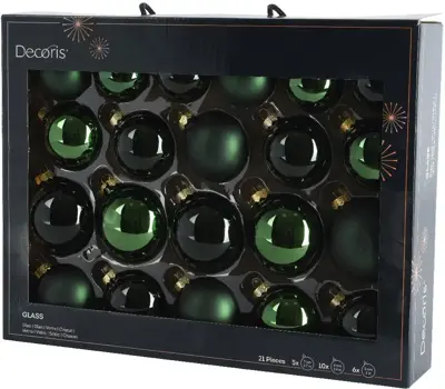 Decoris glazen kerstbal mix dennengroen 21 stuks