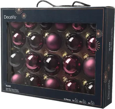 Decoris glazen kerstbal mix donker mauve 21 stuks