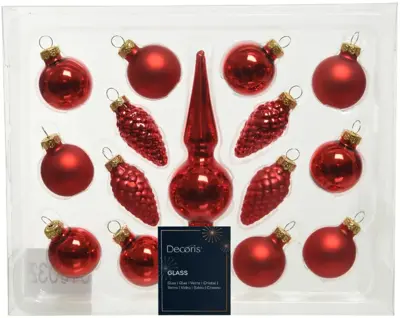 Decoris glazen kerstbal mix figuren kerstrood 15 stuks