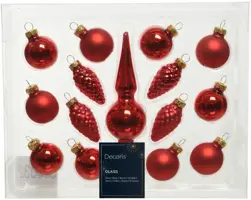 Decoris glazen kerstbal mix figuren kerstrood 15 stuks