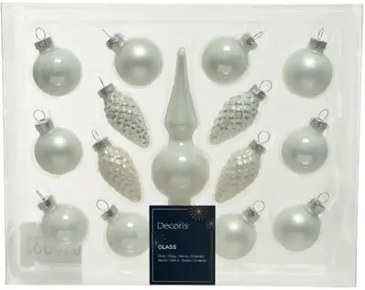 Decoris glazen kerstbal mix figuren winterwit 15 stuks