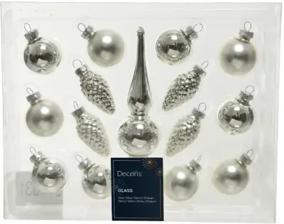 Decoris glazen kerstbal mix figuren zilver 15 stuks