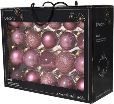 Decoris glazen kerstbal mix vintage roze 42 stuks
