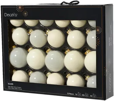 Decoris glazen kerstbal mix wolwit 21 stuks