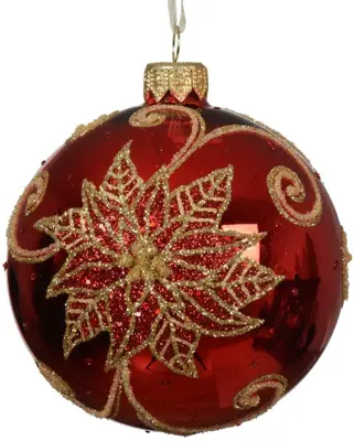 Decoris glazen kerstbal poinsettia 8cm kerstrood