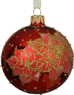Decoris glazen kerstbal poinsettias 8cm kerstrood