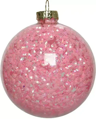 Decoris glazen kerstbal sequins 8cm poederroze