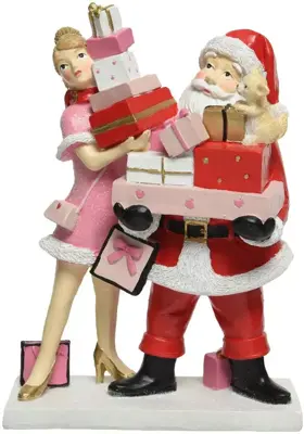 Decoris kerstfiguur polyester kerstman met dame en cadeautjes 14.3x8.7x20cm rood, roze