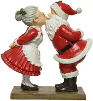 Decoris kerstfiguur polyresin kerstman en kerstvrouw kus 9x20x20cm rood, wit - afbeelding 1