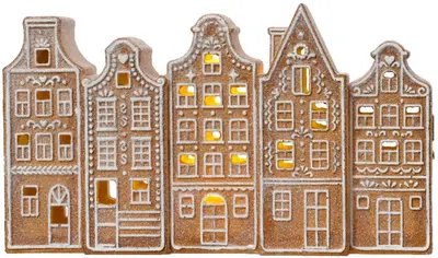 Decoris kerstfiguur polyresin peperkoek huisjes led 23x5.5x12cm bruin