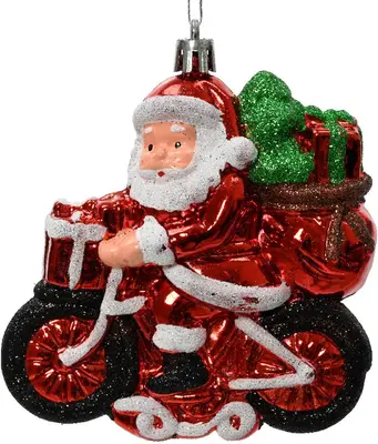 Decoris kunststof kerst ornament kerstman fiets 10cm rood, wit 