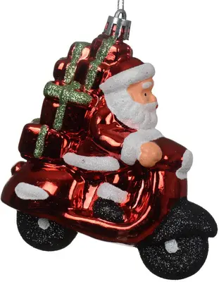 Decoris kunststof kerst ornament kerstman op scooter 10cm rood