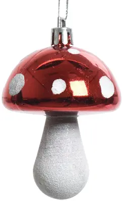 Decoris kunststof kerst ornament paddenstoel 7.5cm rood, wit 2 stuks - afbeelding 1