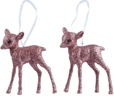 Decoris kunststof kerst ornament rendier 9cm roze 2 stuks