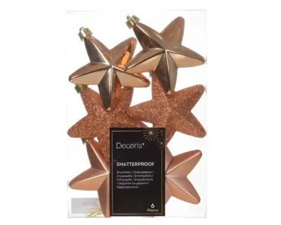 Decoris kunststof kerst ornament ster 7.5cm rood koper 6 stuks