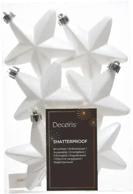 Decoris kunststof kerst ornament ster 7.5cm winterwit 6 stuks