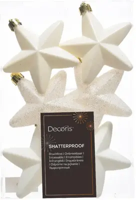 Decoris kunststof kerst ornament ster 7.5cm wolwit 6 stuks