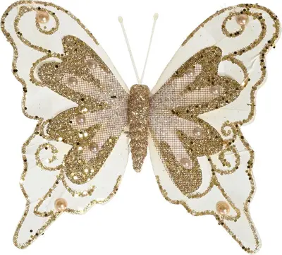 Decoris kunststof kerst ornament vlinder 8cm champagne 3 stuks