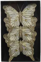 Decoris kunststof kerst ornament vlinder op clip 12cm champagne 3 stuks kopen?