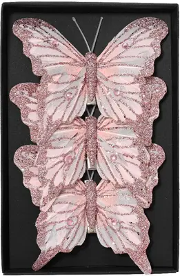 Decoris kunststof kerst ornament vlinder op clip 12cm roze 3 stuks